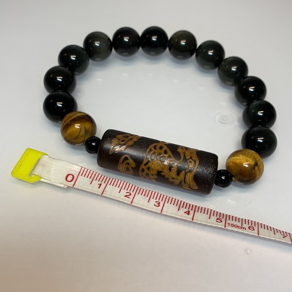 RAINBOW OBSIDIAN + TIGERS EYE + TIBETAN TUBE STONES  NATURAL BRACELET size 7.5” - Picture 10 of 11